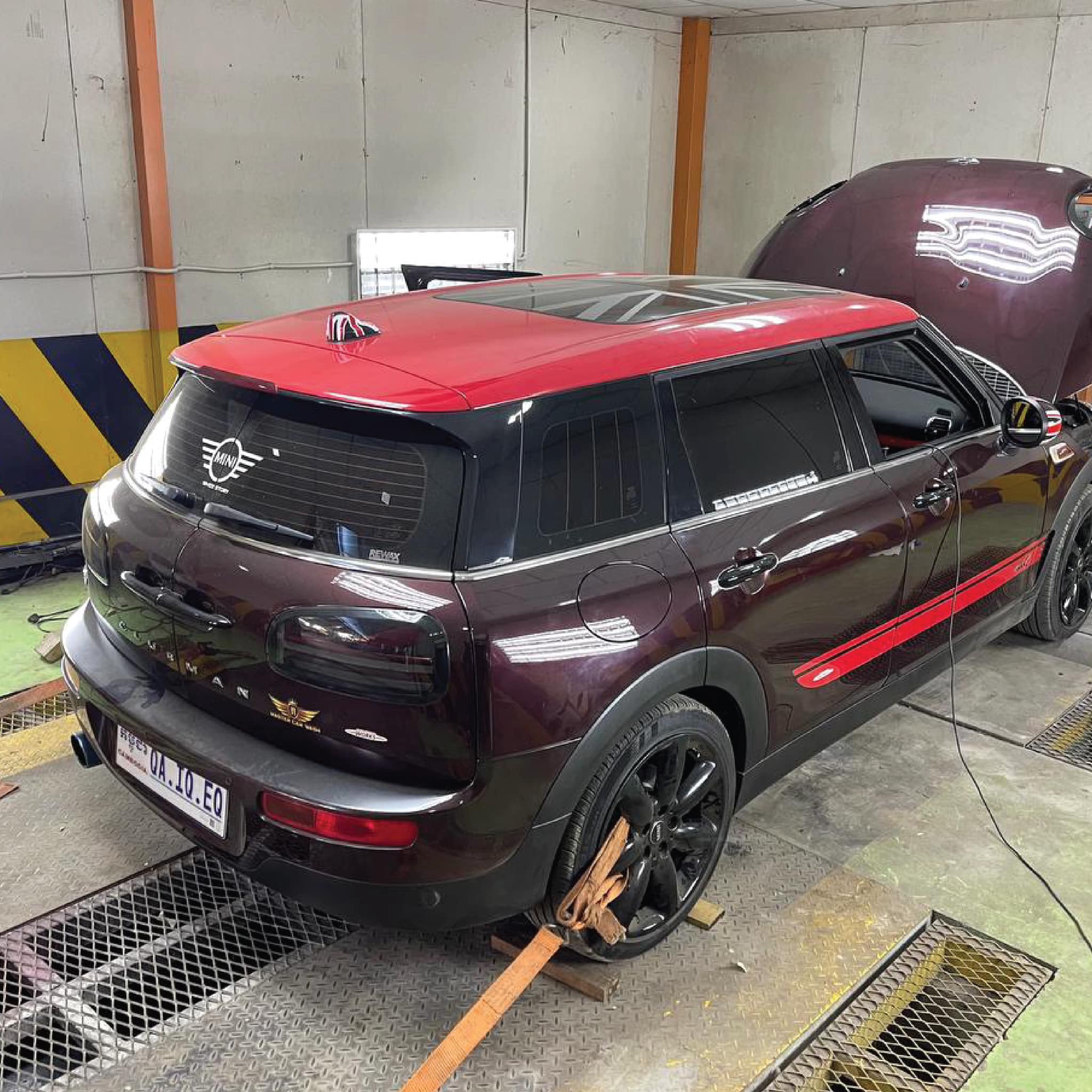 Mini Clubman strapped down for dyno run